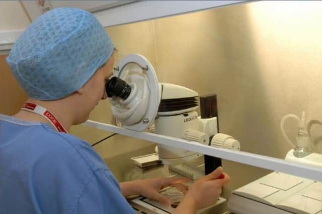 An embryologist working at the Seacroft fertility clinic checking eggs and embryos under a microscope.
