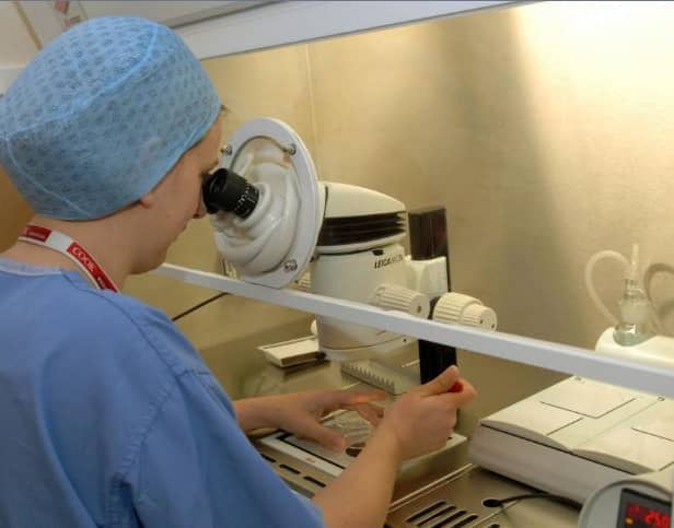 An embryologist working at the Seacroft fertility clinic checking eggs and embryos under a microscope.
