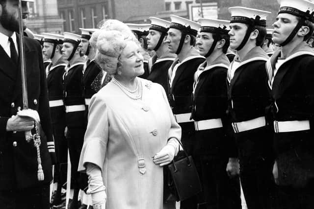 Leeds: 25th October 1973. Queen Elizabeth the Queen Mother inspects the crew of HMS Ark Royal. The ship had been granted the freedom of the city. Yorkshire Post images