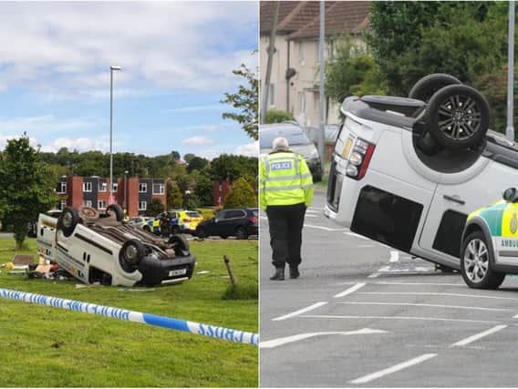Are Leeds drivers the worst in the country? Left: A crash in Alwoodley which saw a van flip upside down and, right, a smash which left a Land Rover on its roof in Hunslet