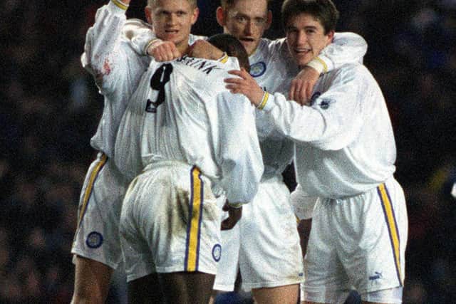 AT THE DOUBLE: Leeds United's Alf-Inge Haaland, left, celebrates Jimmy Floyd Hasselbaink's strike against Blackburn Rovers of March 1998 before going on to bag a double himself. Picture by Mark Bickerdike.
