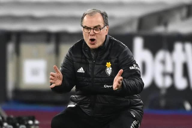 Marcelo Bielsa wearing his Marie Curie daffodil at the London Stadium during Leeds United's match against West Ham (photo: Andy Rain/PA Wire).