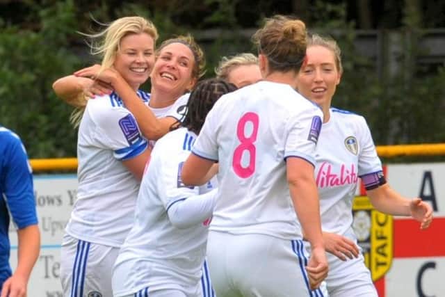 FLASHBACK: Leeds United Women's 
Laura Bartup, far left, celebrates scoring the winner against Durham Cestria. Picture: Steve Riding.