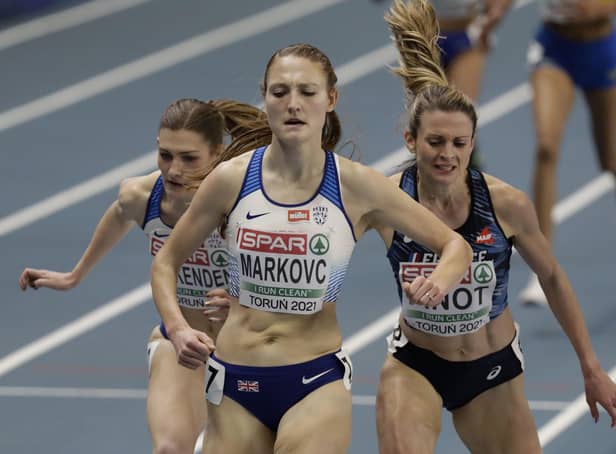 GOLDEN GIRL: Britains Amy-Eloise Markovc crosses the finish line to win the women's 3000m final at the European Indoor Athletics Championships in Torun. Picture: AP/Czarek Sokolowski