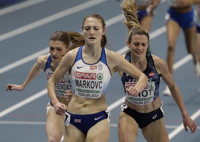 GOLDEN GIRL: Britains Amy-Eloise Markovc crosses the finish line to win the women's 3000m final at the European Indoor Athletics Championships in Torun. Picture: AP/Czarek Sokolowski