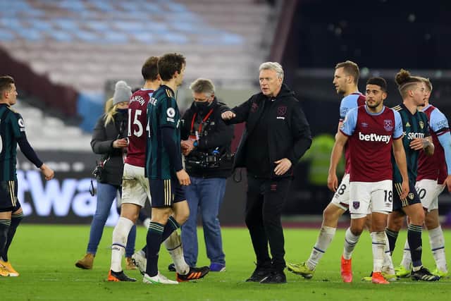 'TOO EASY': Leeds United dominated large parts of Monday night's clash at home to West Ham, above, but suffered a 2-0 reverse as the Whites again conceded from a set piece. Photo by Julian Finney/Getty Images.