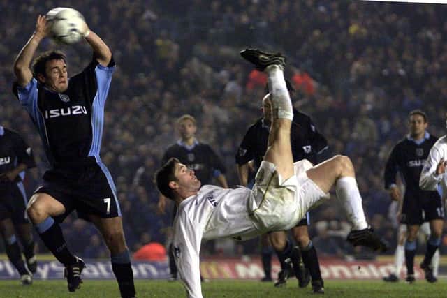 Robbie Keane scores the winning goal - a spectacular overhead kick - against Coventry City at Elland Road in January 2001. PIC: Varley Picture Agency