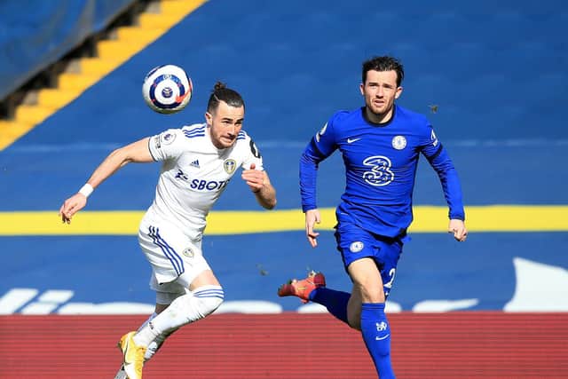 STALEMATE: Chelsea left back Ben Chilwell, right, chases Leeds United winger Jack Harrison in Saturday's goalless draw at Elland Road. Photo by Lindsey Parnaby - Pool/Getty Images.
