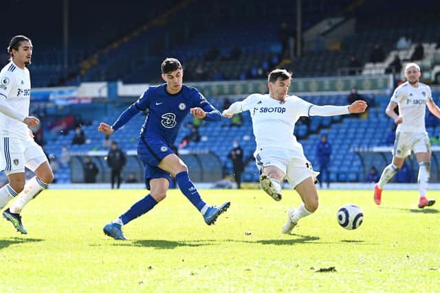 THUMBS UP: For a 13th Leeds United centre-back pairing of the season between Pascal Struijk, left, and Diego Llorente, second from right, as the duo look to shut out Chelsea's Kai Havertz. Photo by Laurence Griffiths/Getty Images.