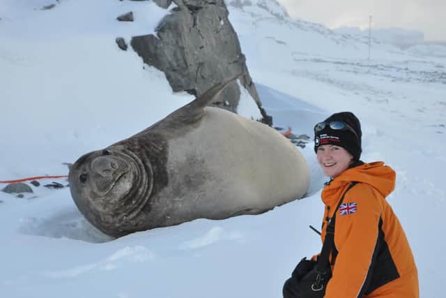 Dr Anna Hogg pictured with a seal near the British Antarctic Survey (BAS) Rothera research base on the Antarctic Peninsula in 2013. Photo credit; Submitted picture