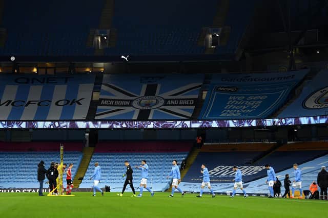 IMMINENT DATE: Leeds United will face Manchester City at the Etihad Stadium, above, on Saturday, April 10 for a 12.30pm kick-off live on BT Sport. Photo by GARETH COPLEY/POOL/AFP via Getty Images.