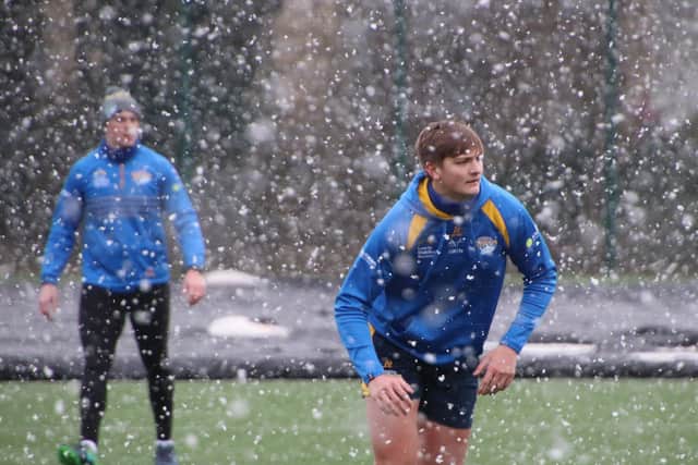 Sam Walters, right, training in the snow earlier in pre-season. Picture by Phil Daly/Leeds Rhinos.
