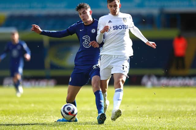 THRIVING: Leeds United's Spanish international centre-back Diego Llorente, right, battling Chelsea's Kai Havertz in Saturday's goalless draw against Chelsea at Elland Road. Photo by Lee Smith - Pool/Getty Images.