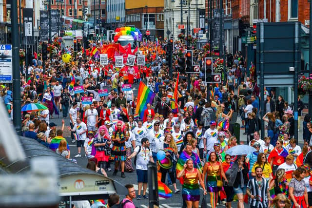 Leeds Pride 2021 has been cancelled. Pictured: 2019 Parade to celebrate LGBT+ people in Leeds.