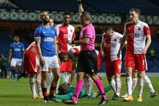 Former Leeds United striker Kemar Roofe sent off for Rangers against Slavia Prague. Pic: Getty