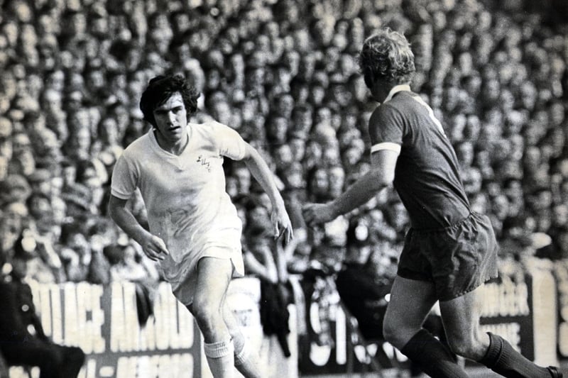 Peter Lorimer races down the wing for Leeds United.
