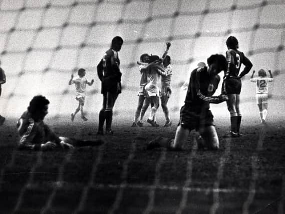 Peter Lorimer celebrates a goal in the 1975 European Cup final before it is was controversially ruled out. Pic: Varley Picture agency