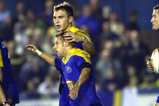 Kevin Sinfield embraces Rob Burrow after his try against Warrington on this day in 2002. Picture: Steve Riding.