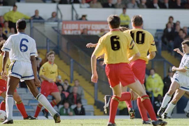 AT THE DOUBLE: Steve Hodge, right, netted a brace in Leeds United's 4-3 victory against Sheffield United at Elland Road of October 1991. Picture by Varleys.