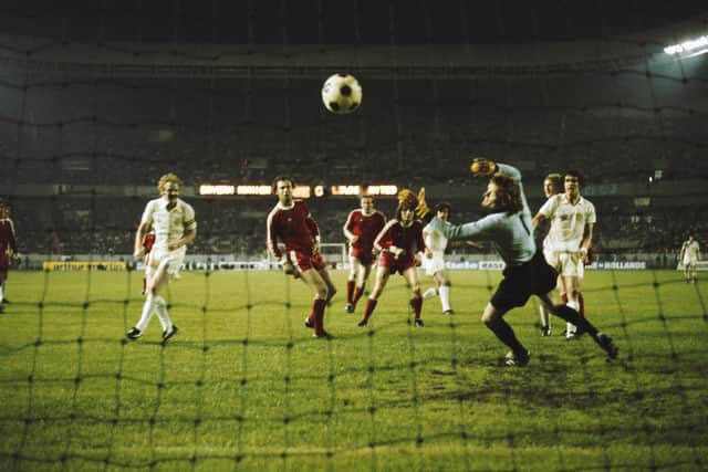 ONE THAT GOT AWAY: Peter Lorimer, sixth from the left, fires past goalkeeper Sepp Maier in the 1975 European Cup final only to see the strike disallowed for  
Billy Bremner, second left, being ruled offside. Photo by Don Morley/Allsport/Getty Images.