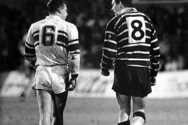 Jeff Grayshon, right and Garry Schofield chat after being sin-binned together during a game between Featherstone and Leeds in 1990. Picture by YPN.
