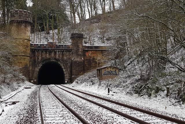A view of the North Portal of Bramhope Tunnel, looking south along the tracks, and showing the Grade II listed crenelated structure and the large and small towers in January 2021. PIC: Philip Wilde