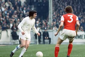 MENACE: Leeds United's Peter Lorimer, left, caused chaos as the Whites defeated double holders Arsenal 3-0 on March 25, 1972 at Elland Road. Picture by Varleys.