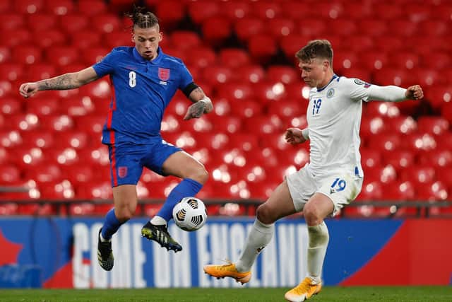 FIFTH CAP: For Leeds United midfielder Kalvin Phillips, left, pictured during Thursday night's 5-0 victory against San Marino at Wembley. Photo by Adrian Dennis - Pool/Getty Images.