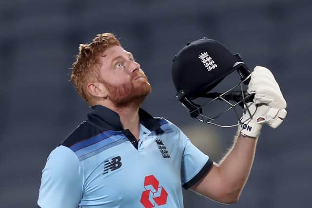 Up to the heavens: England’s Jonny Bairstow looks skywards in celebration after smashing a century against India in the second One Day International at Maharashtra Cricket Association Stadium in Pune yesterday. (Picture: AP/Rafiq Maqbool)