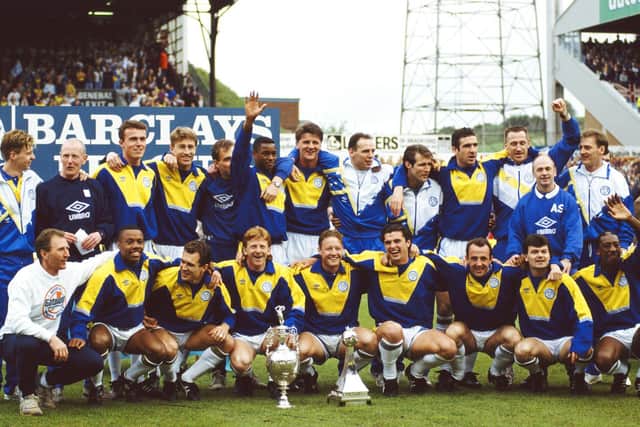 CHAMPIONS: Leeds United with the 1991-92 Football League Division One trophy. Photo by Getty Images.