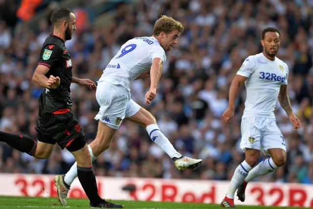 UP AND RUNNING: Patrick Bamford fires in his first goal for Leeds United in the EFL Cup tie at home to Bolton Wanderers of August 2018. Picture by Bruce Rollinson.