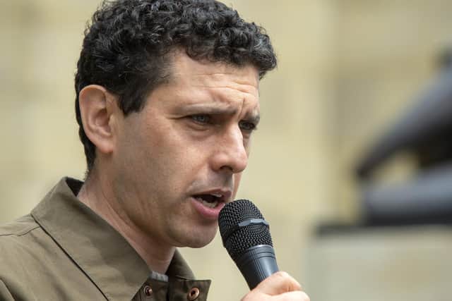 Alex Sobel MP speaking, Parents' protest over funding for young people with special educational needs and disabilities outside Leeds City Art Gallery in 2019.