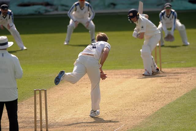 One for the future: David Willey, left, bowls to Josh de Caires, right, on day two of Yorkshire’s practice match with Leeds-Bradford MCCU. Picture: dave williams