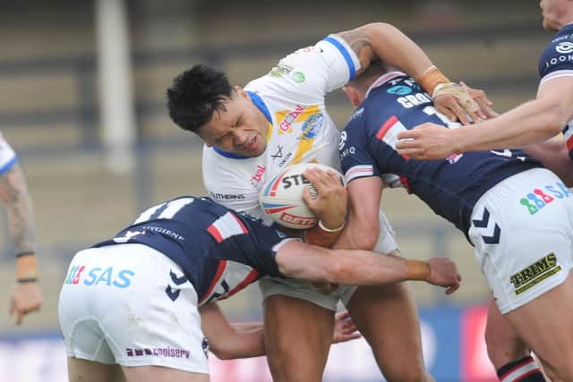 FULL STEAM AHEAD: Leeds Rhinos' 
Zane Tetevano on the charge against Wakefield. Picture: Steve Riding.