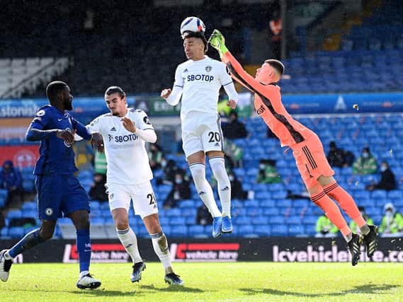 Leeds United forward Rodrigo challenges for the ball with Illan Meslier. Pic: Getty