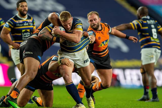 Mik Oledzki drives forward for Rhinos in thier 28-24 win over Tigers at Headingley last October. Picture by Bruce Rollinson.