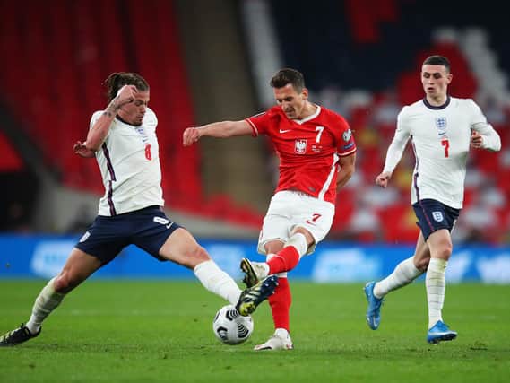 KEY STABILITY - England boss Gareth Southgate said Leeds United midfielder Kalvin Phillips and West Ham's Declan Rice gave England stability in front of the defence against Poland. Pic: Getty