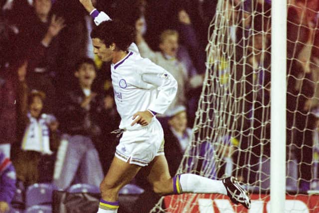 Gary Speed celebrates scoring against VFB Stuttgart at Elland Road in September 1992.