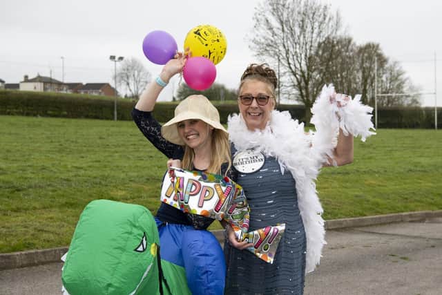 Deputy head Nicola Abidi with head Sue Jackson in the groove at the  'Big Drighlington Primary Birthday Celebration as a well-being activity to make up for all the birthdays that children and adults have missed out on over the last year.