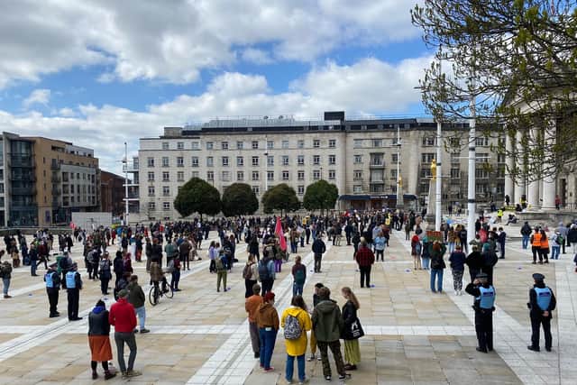 Around 400 protesters gathered in Millennium Square before marching through Leeds