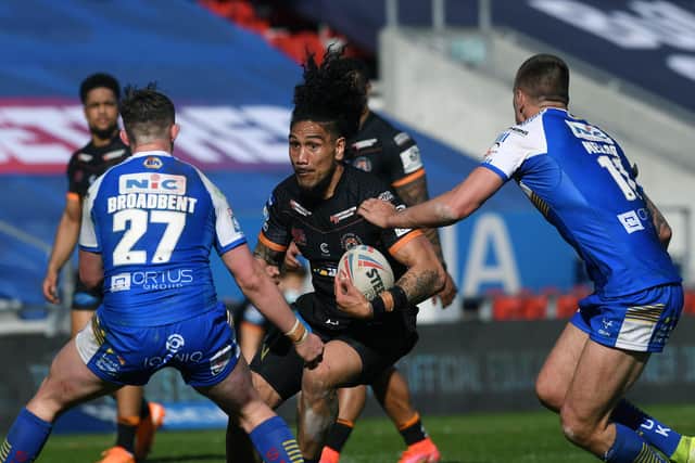 DERBY DUEL: Castleford Tigers' Jesse Sene-Lafao goes on the charge against Leeds Rhinos. 
Picture: Jonathan Gawthorpe