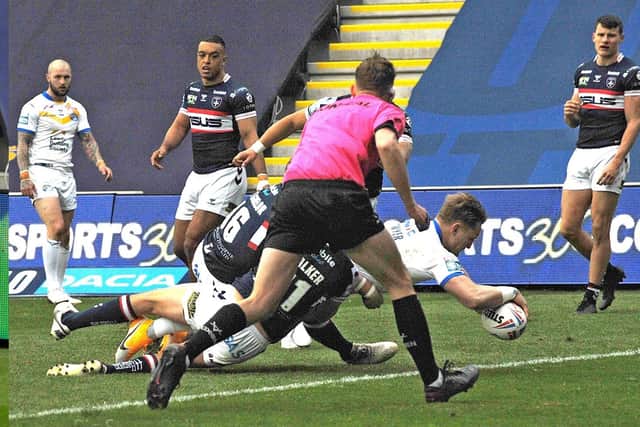 TOUCH DOWN: Brad Dwyer touches down for Leeds Rhinos against Wakefield Trinity. Picture: Steve Riding.