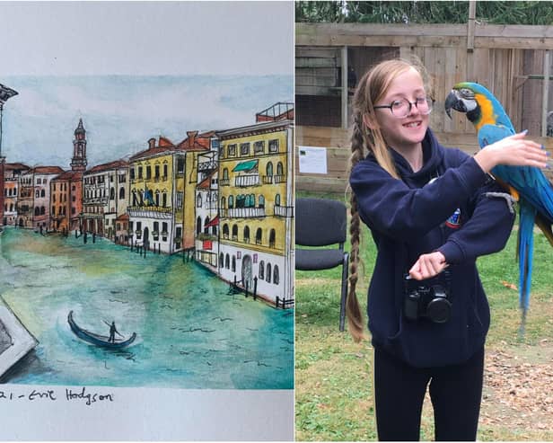 Left: The picture painted of Venice by Evie and, right, Evie Hodgson