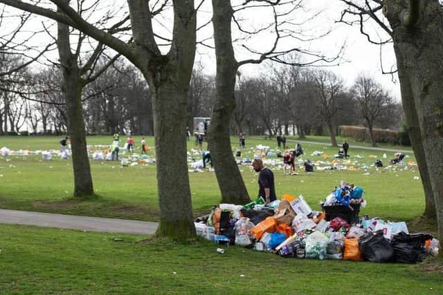 There was a shocking amount of litter left in Woodhouse Moor after sun-seekers enjoyed the weather there (photo: SWNS)
