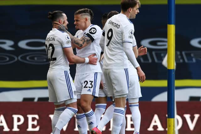 Leeds United winger Jack Harrison celebrates at Elland Road. Pic: Jonathan Gawthorpe