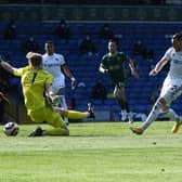 CLOSE: Leeds United winger Jack Harrison, right, is thwarted by Aaron Ramsdale, left, in his bid for a second goal in Saturday's 2-1 win against Sheffield United at Elland Road. Picture by Jonathan Gawthorpe.