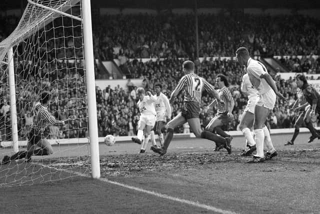 ON OUR WAY: Gordon Strachan, left, fires Leeds United in front against Sheffield United as Chris Kamara, behind him, and Vinnie Jones, right, look on, back in April 1990 at Elland Road. Picture by YPN.