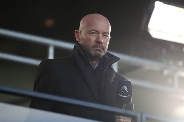 IMPRESSED: Alan Shearer during Saturday's coverage of the Yorkshire derby between Leeds United and Sheffield United at Elland Road for Amazon Prime Video. Photo by LINDSEY PARNABY/POOL/AFP via Getty Images.