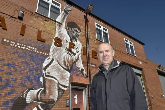GLOWING TRIBUTE: From former Leeds United left back Tony Dorigo, pictured in front of the giant Gary Speed mural in Bramley. Picture by Steve Riding.