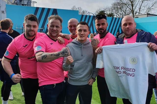 Darren Powell pictured (second from right) on Sky TV show Soccer AM with fellow players from The Kews and Leeds boxing champion Josh Warrington.
